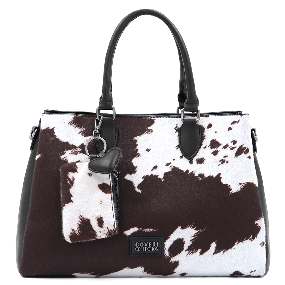 Nagy női táska 3 rekesszel és tehénmintával – fekete