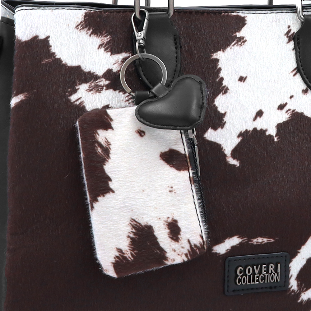 Nagy női táska 3 rekesszel és tehénmintával – fekete