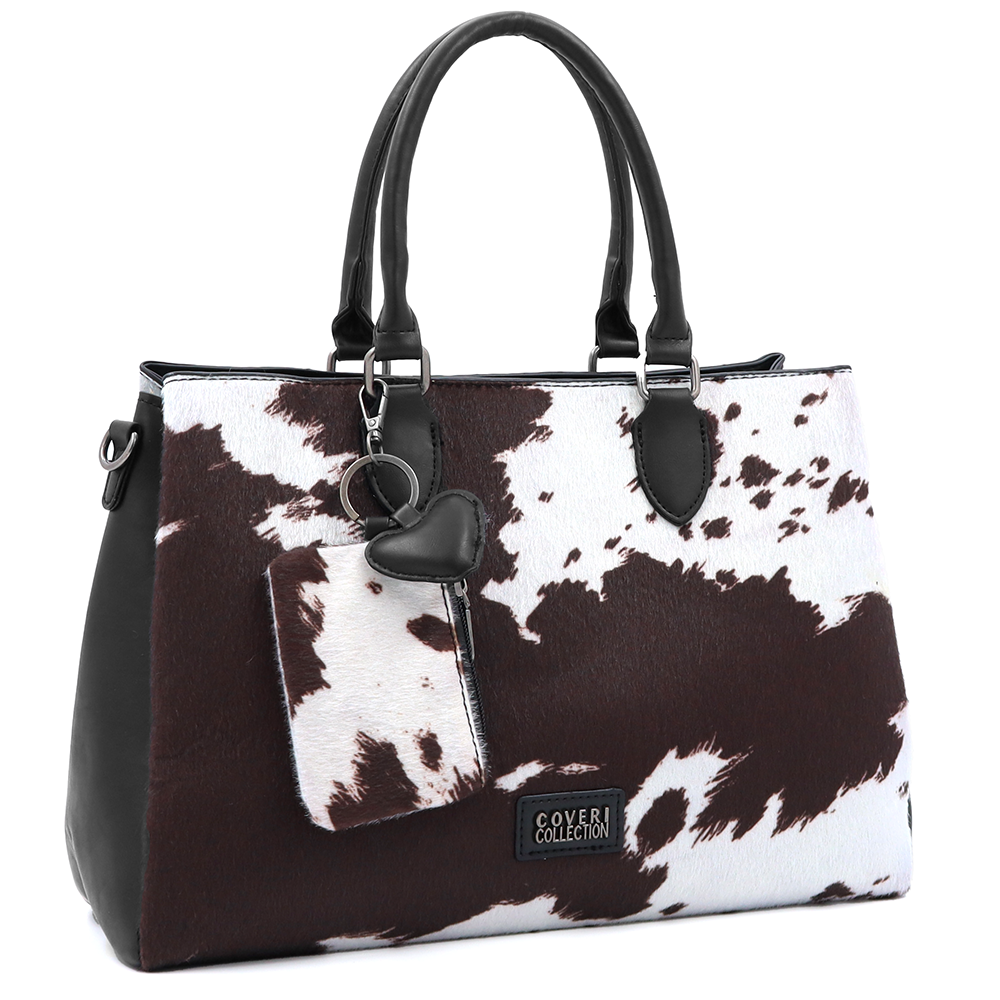 Nagy női táska 3 rekesszel és tehénmintával – fekete