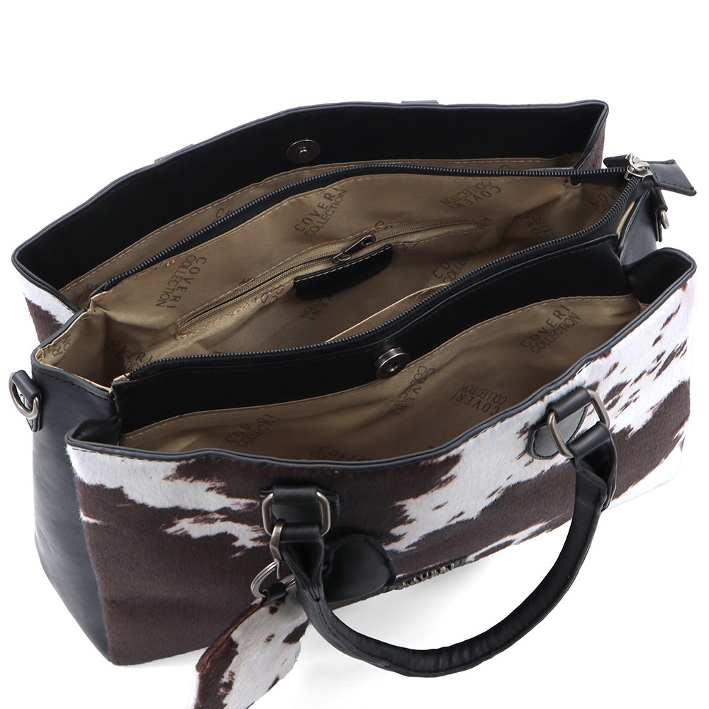 Nagy női táska 3 rekesszel és tehénmintával – fekete