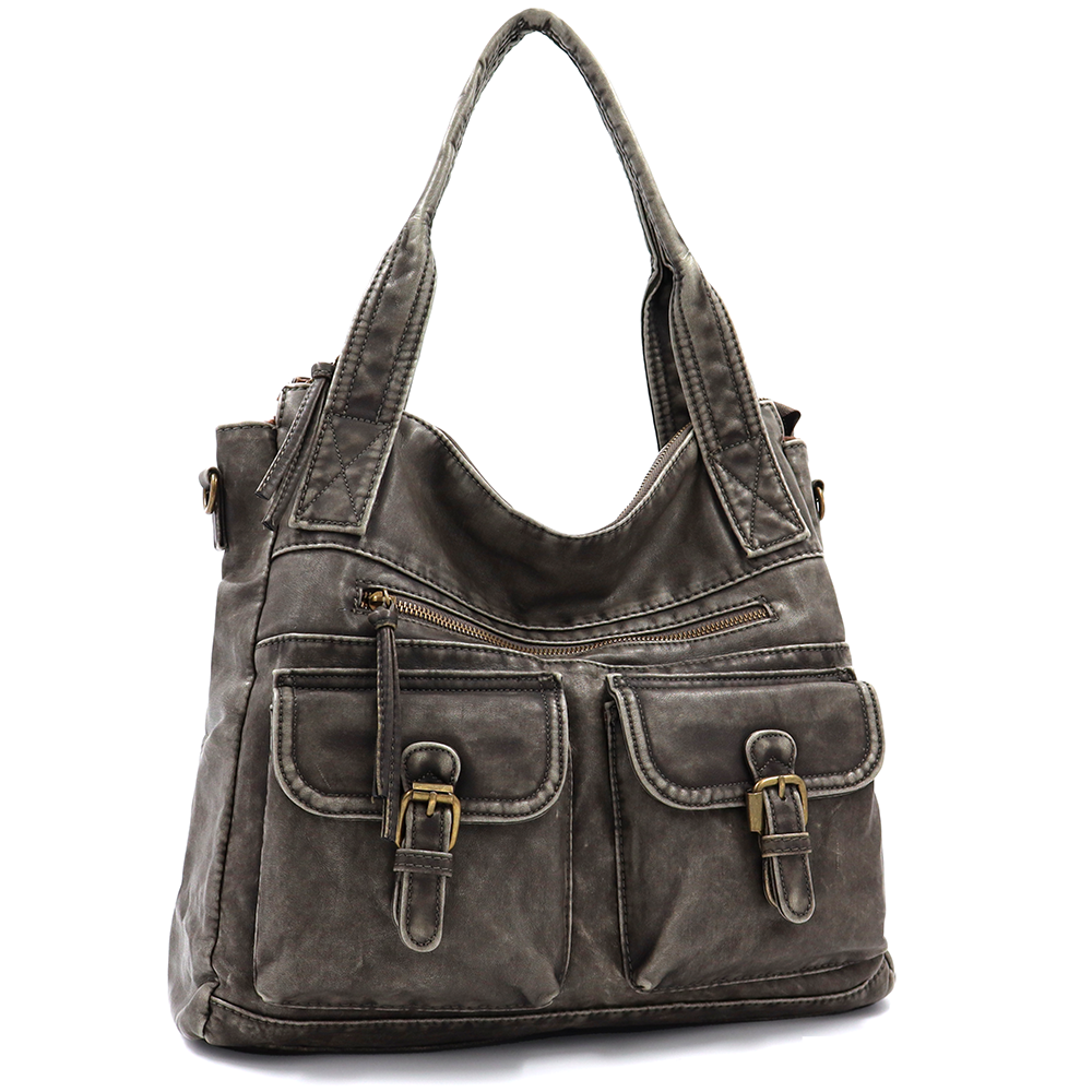 Nagy méretű női táska, vintage hatású – szürke