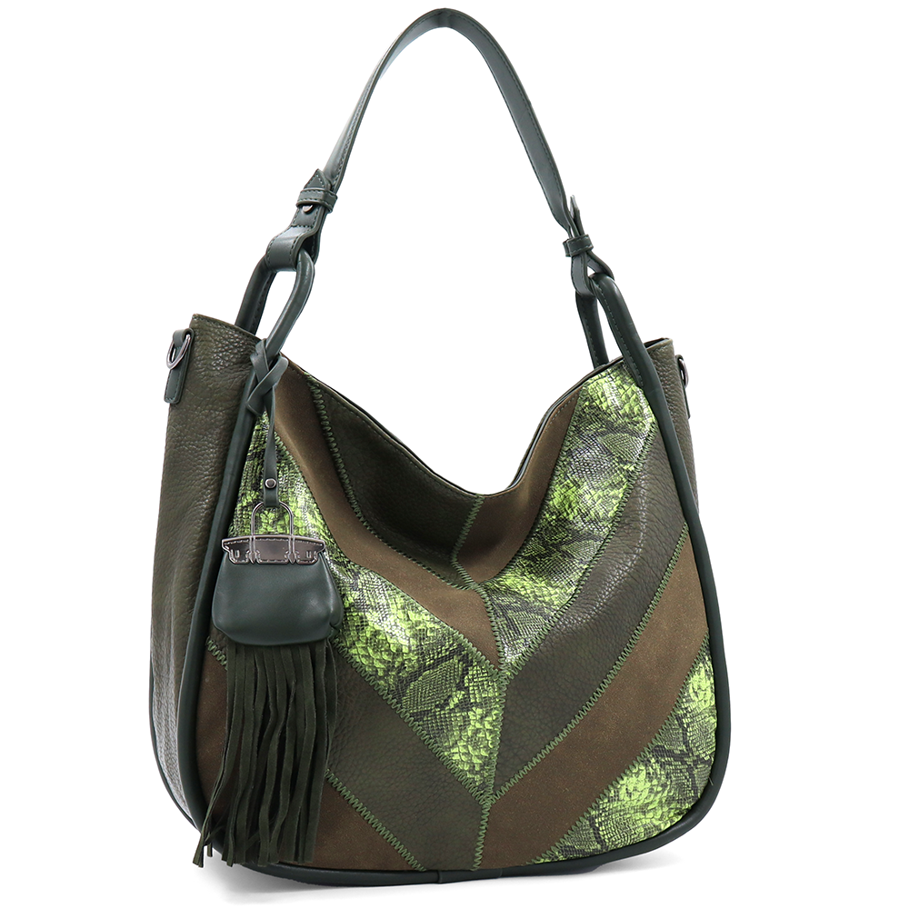 Nagy méretű női táska, kígyóbőr mintás – zöld