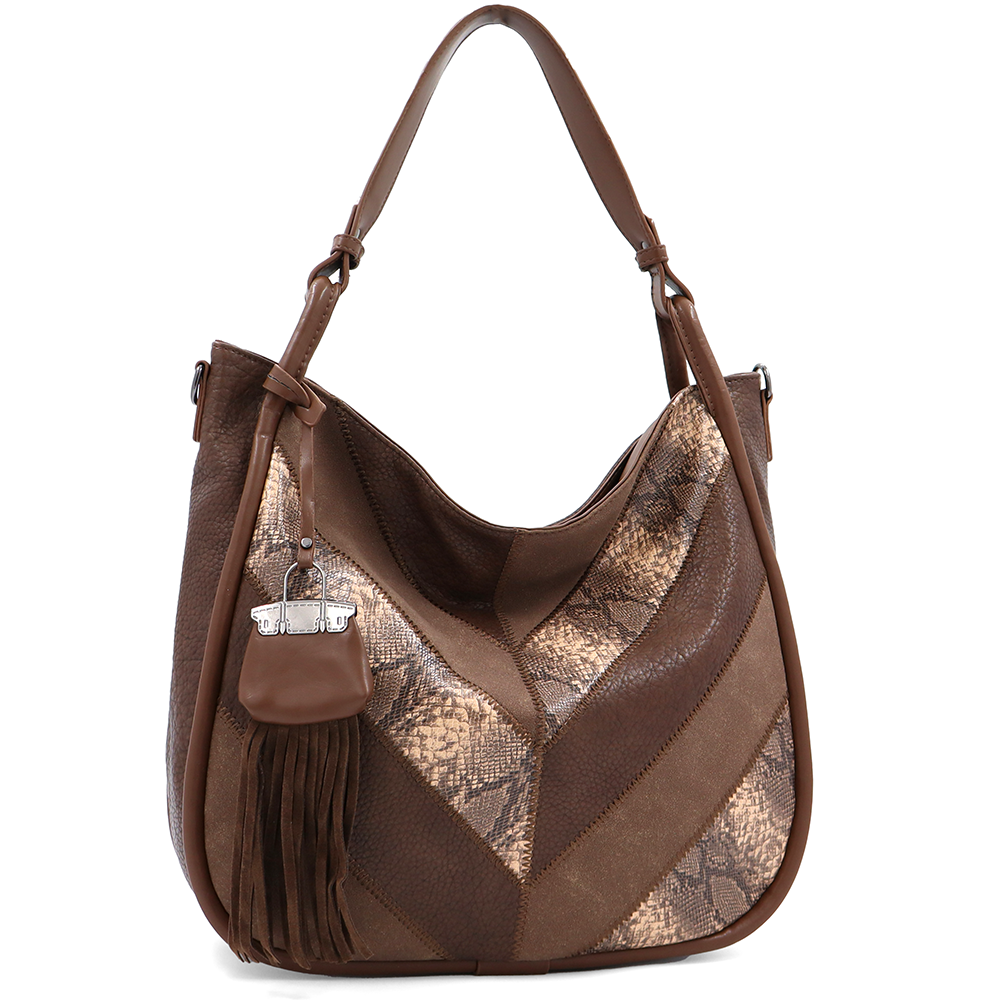 Nagy méretű női táska, kígyóbőr mintás – világosbarna