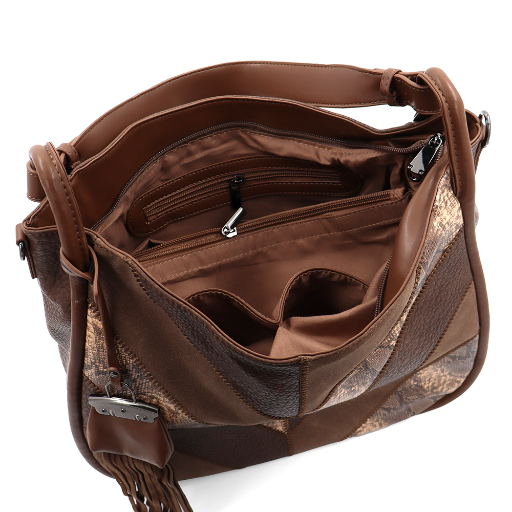 Nagy méretű női táska, kígyóbőr mintás – világosbarna