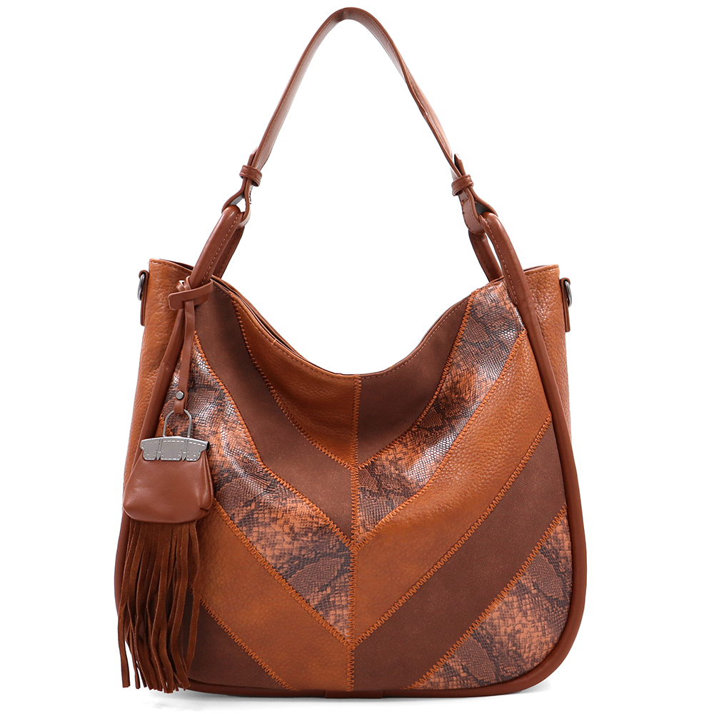 Nagy méretű női táska, kígyóbőr mintás – téglabarna