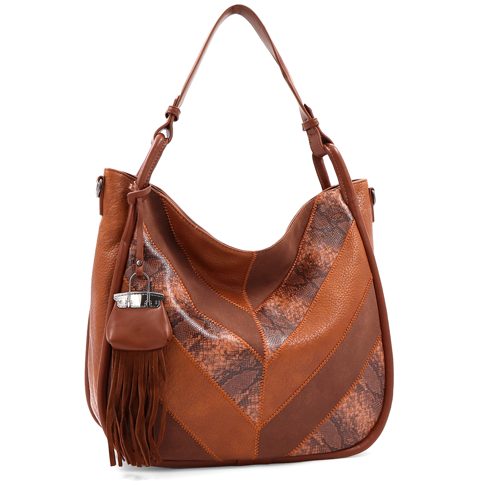 Nagy méretű női táska, kígyóbőr mintás – téglabarna