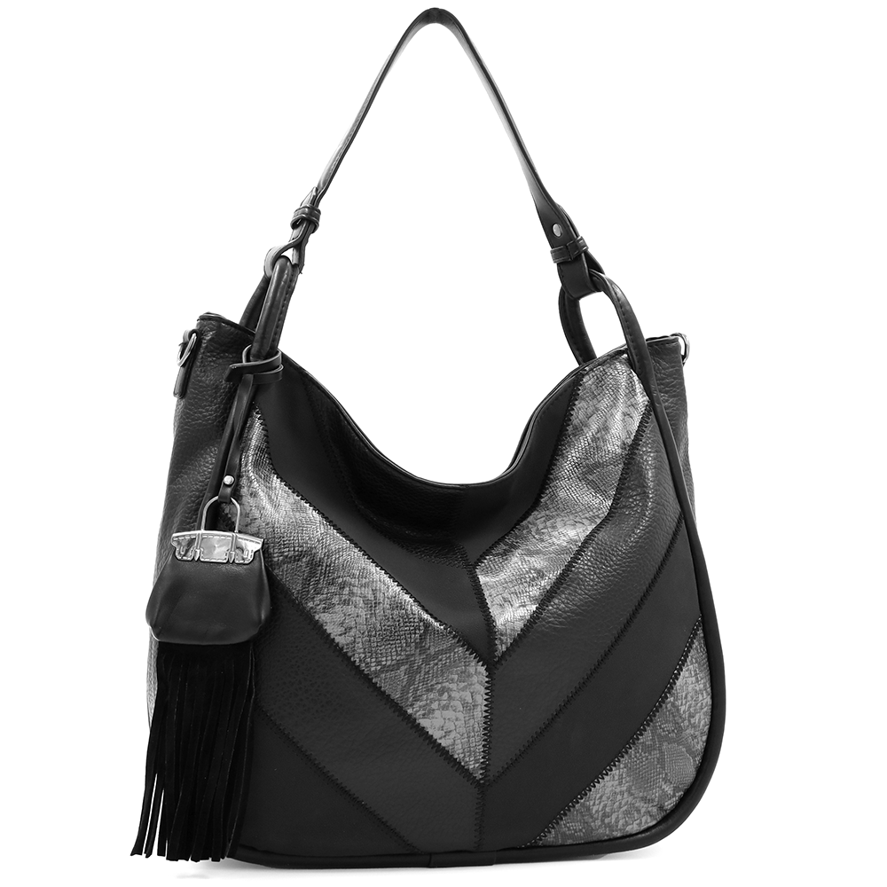 Nagy méretű női táska, kígyóbőr mintás – fekete