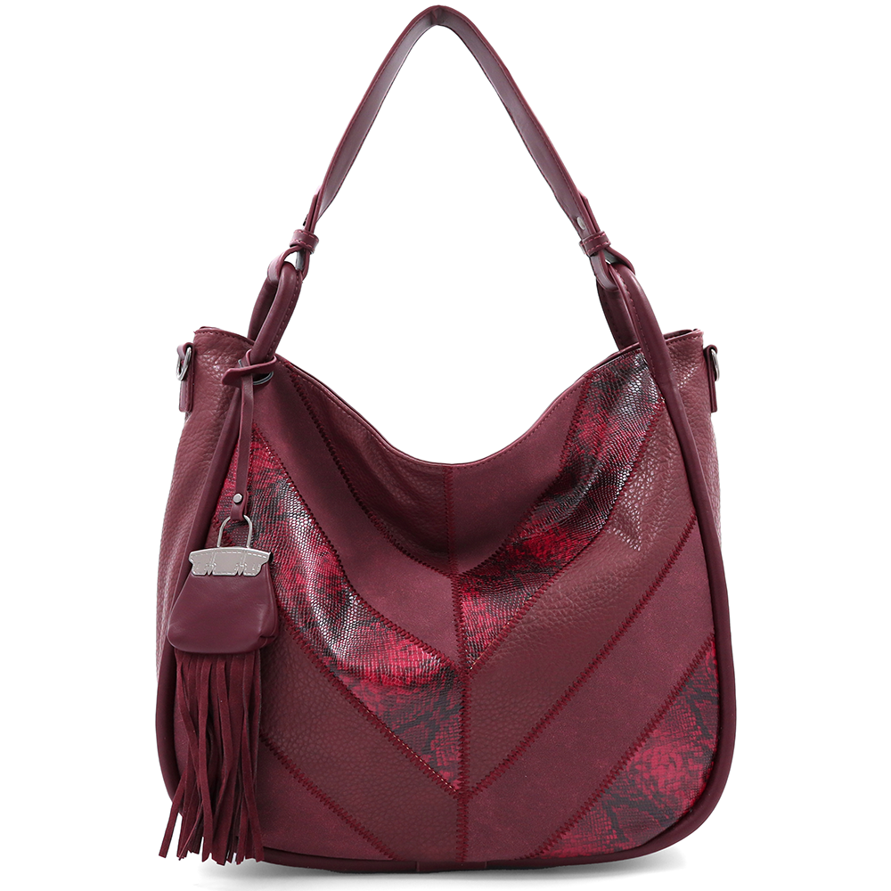 Nagy méretű női táska, kígyóbőr mintás – bordó