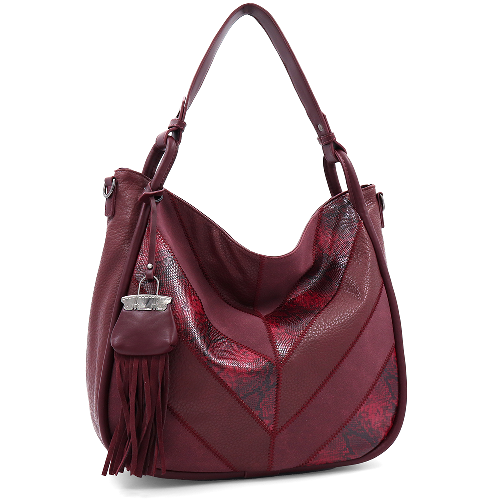 Nagy méretű női táska, kígyóbőr mintás – bordó