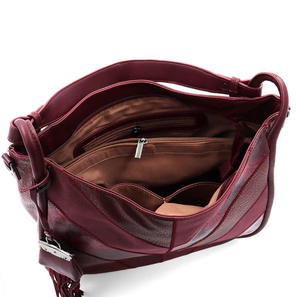 Nagy méretű női táska, kígyóbőr mintás – bordó