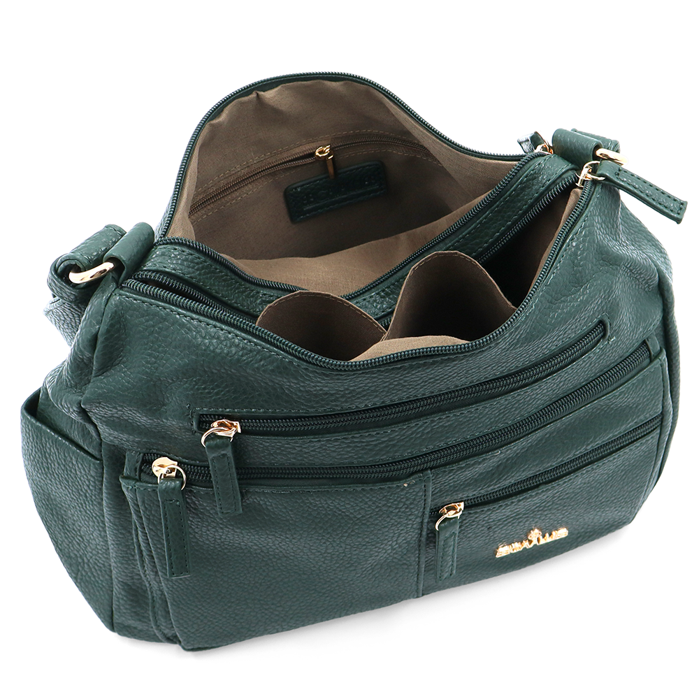 Kétrekeszes női válltáska sok zsebbel – zöld