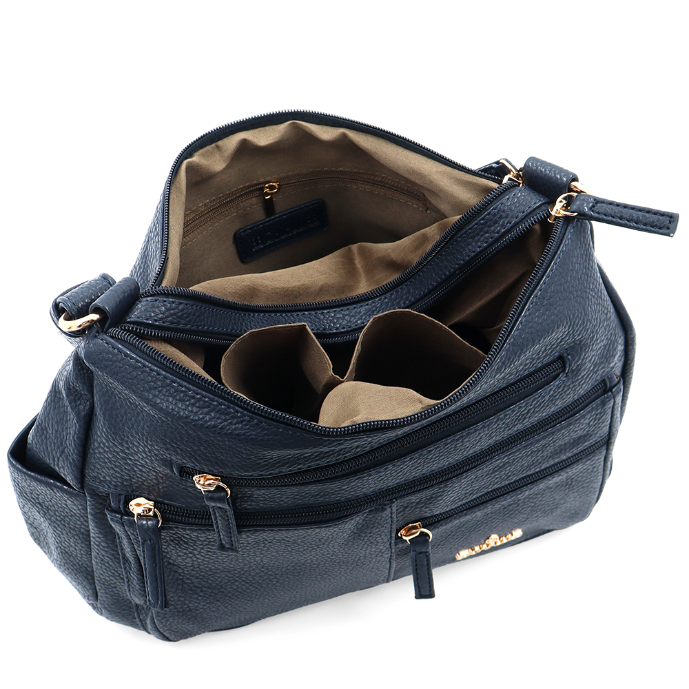 Kétrekeszes női válltáska sok zsebbel – sötétkék