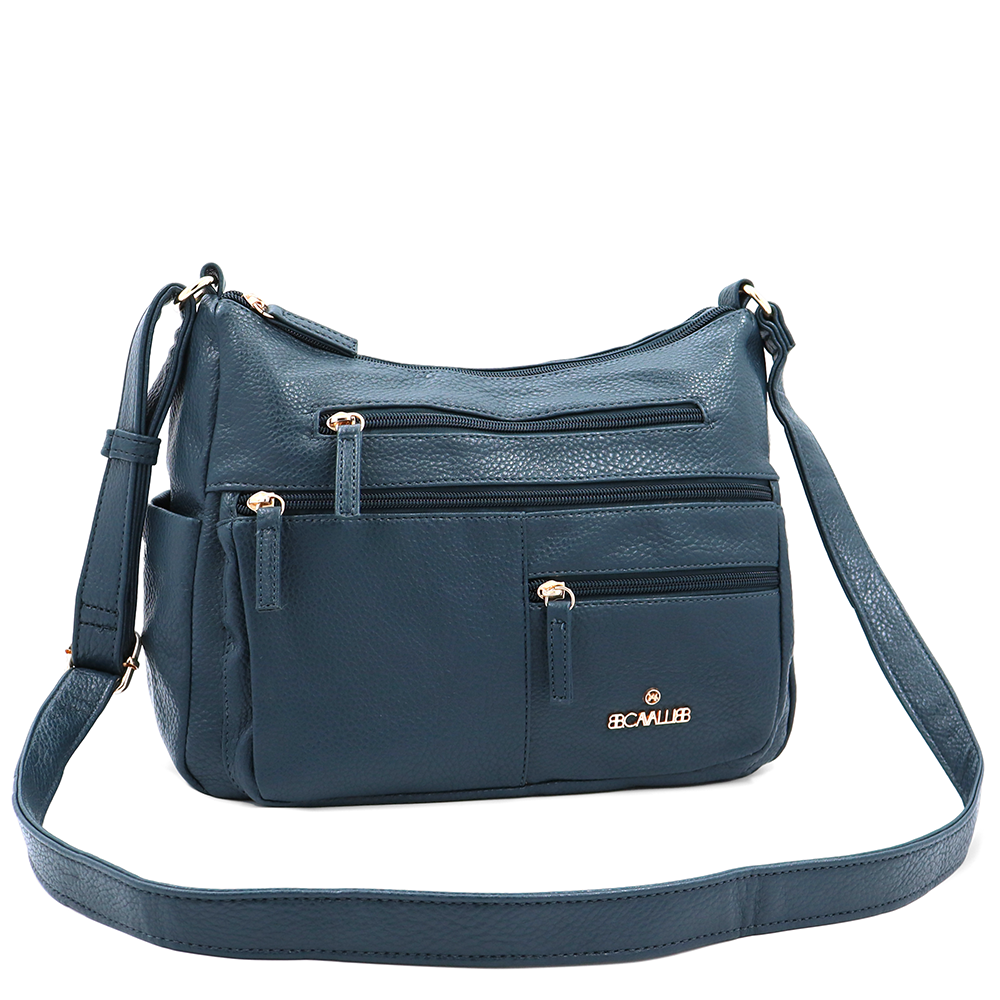 Kétrekeszes női válltáska sok zsebbel – kék