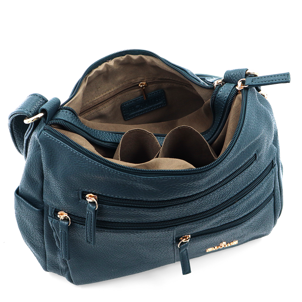 Kétrekeszes női válltáska sok zsebbel – kék