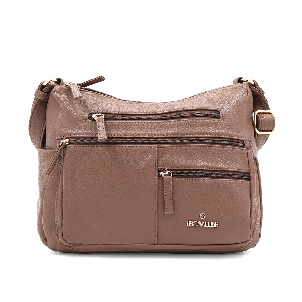 Kétrekeszes női válltáska sok zsebbel – világosbarna