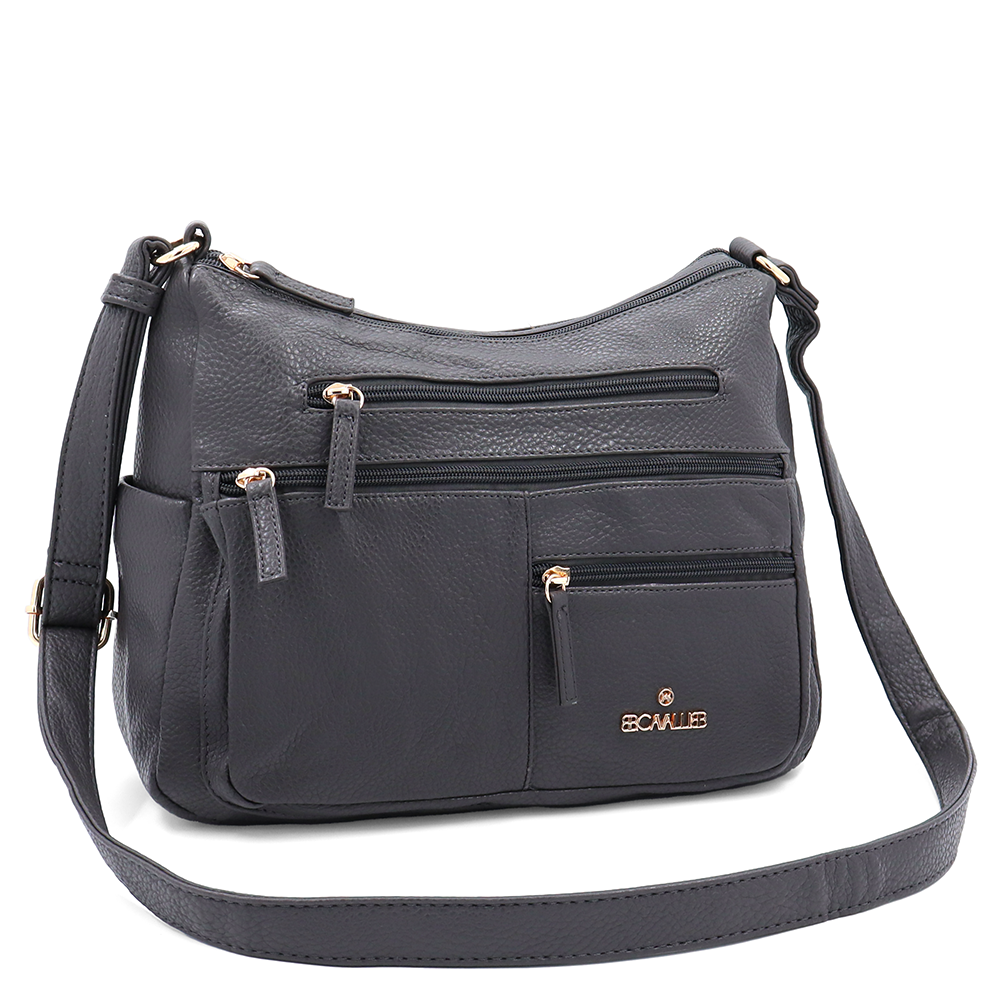 Kétrekeszes női válltáska sok zsebbel – szürke