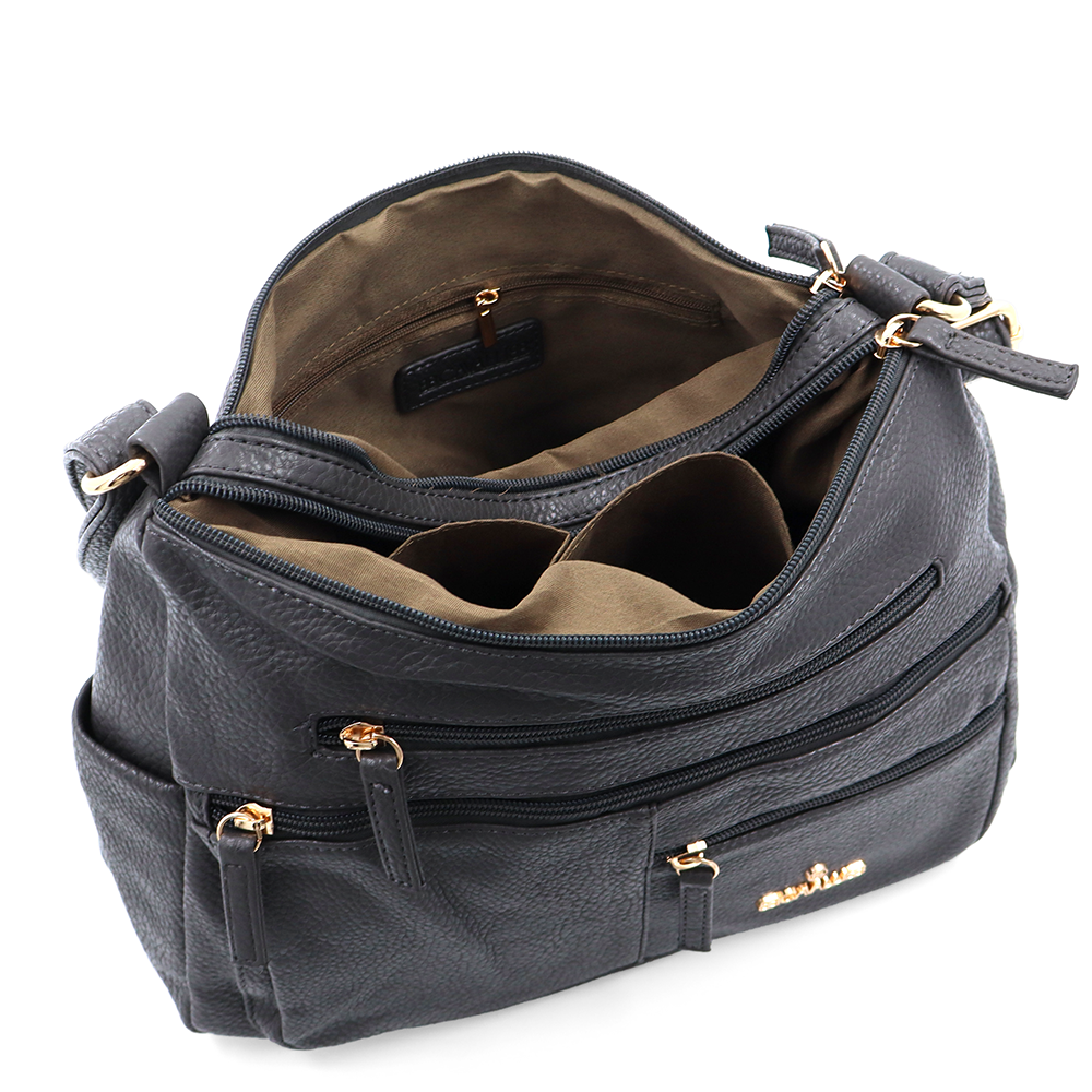 Kétrekeszes női válltáska sok zsebbel – szürke