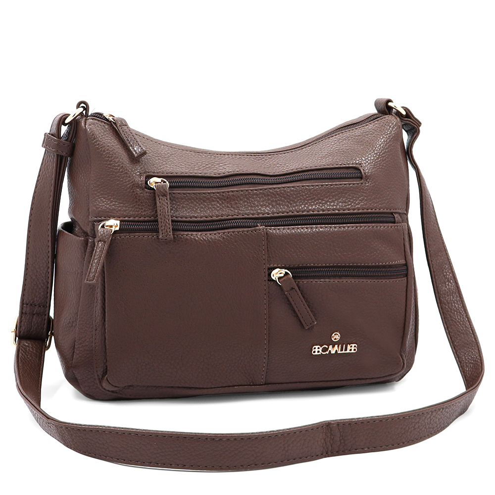 Kétrekeszes női válltáska sok zsebbel – barna