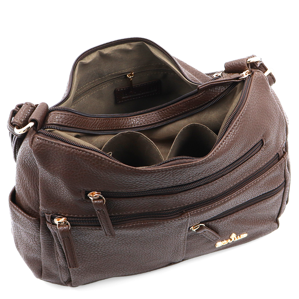 Kétrekeszes női válltáska sok zsebbel – barna