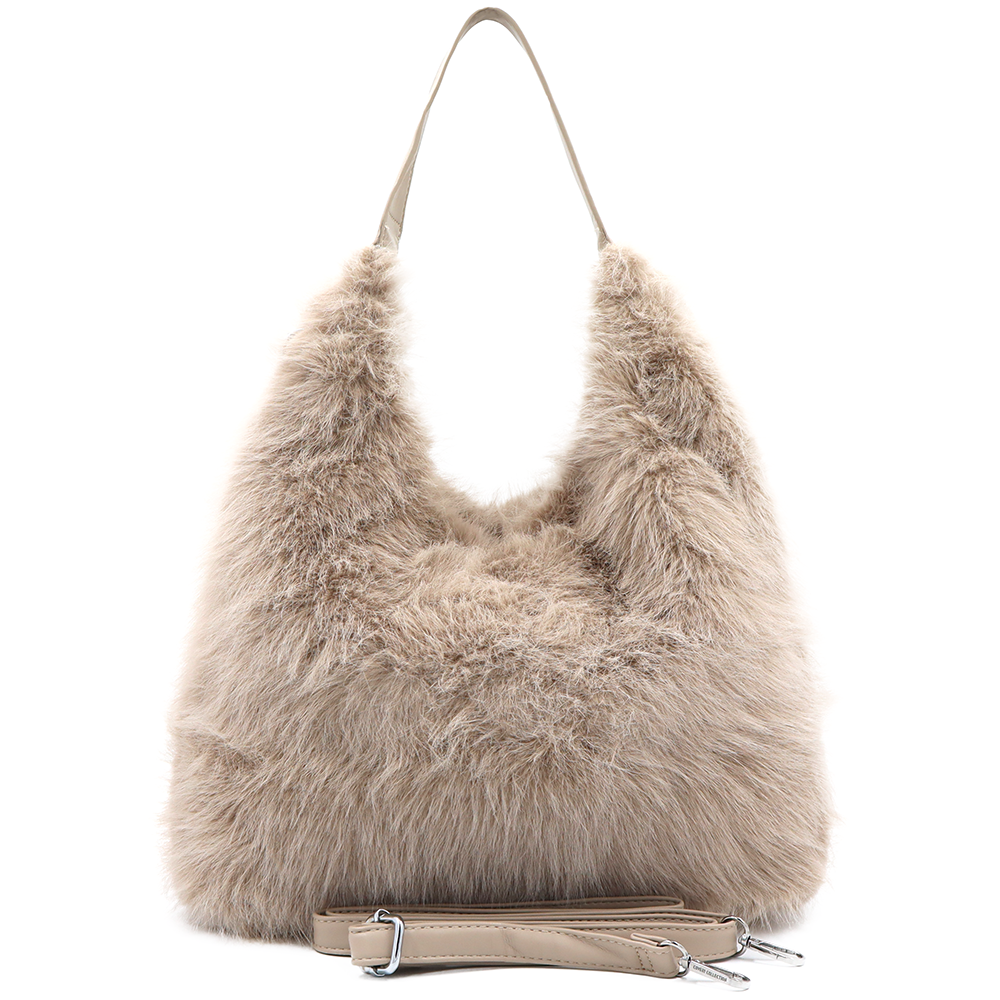 Nagy női táska típusú táska plüssből – világosbarna