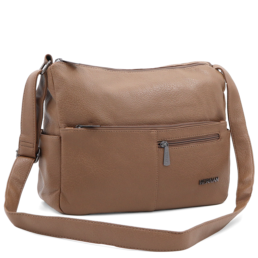 Válltáska 2 rekesszel és sok zsebbel - világosbarna