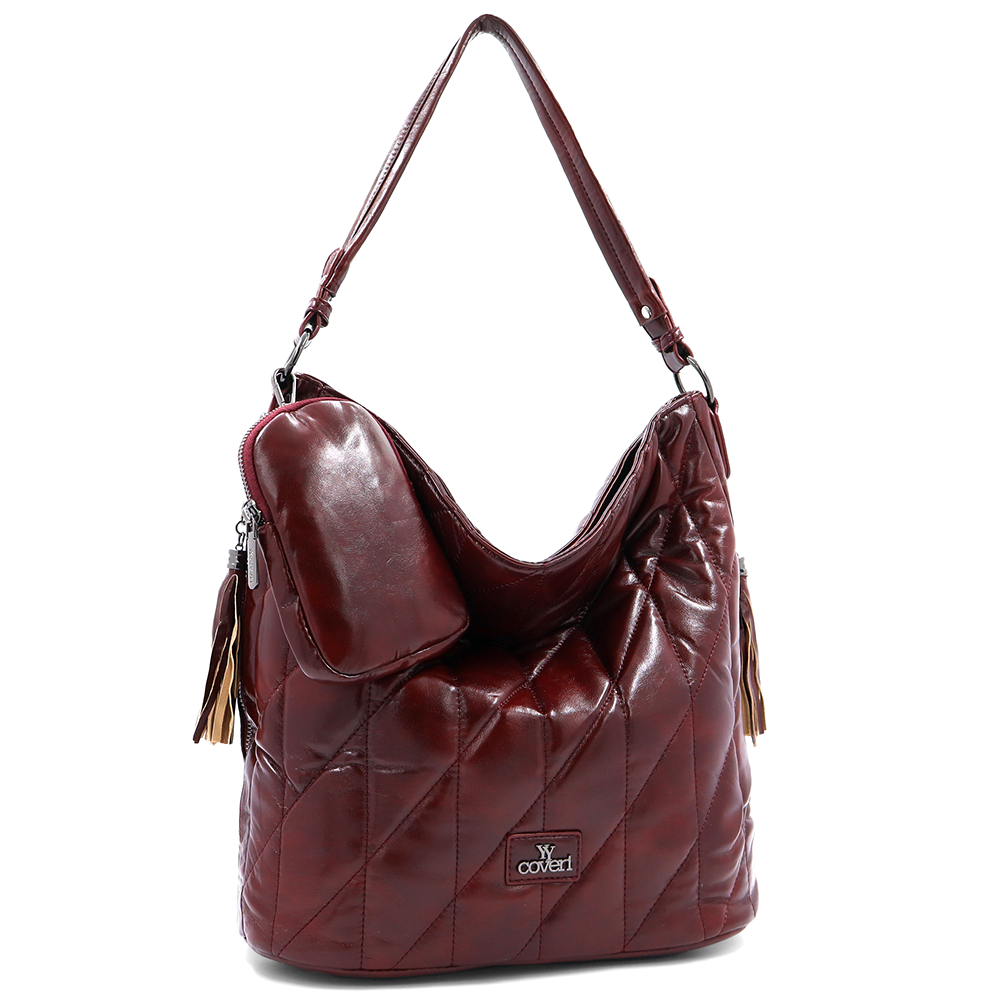 Női steppelt táska típusú táska függő pénztárcával – bordó