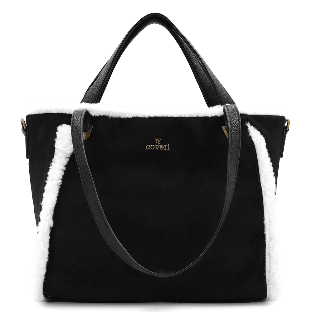 Női táska plüssel és kétféle pánttal – fekete