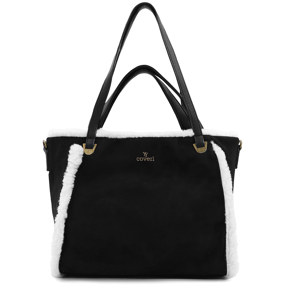Női táska plüssel és kétféle pánttal – fekete