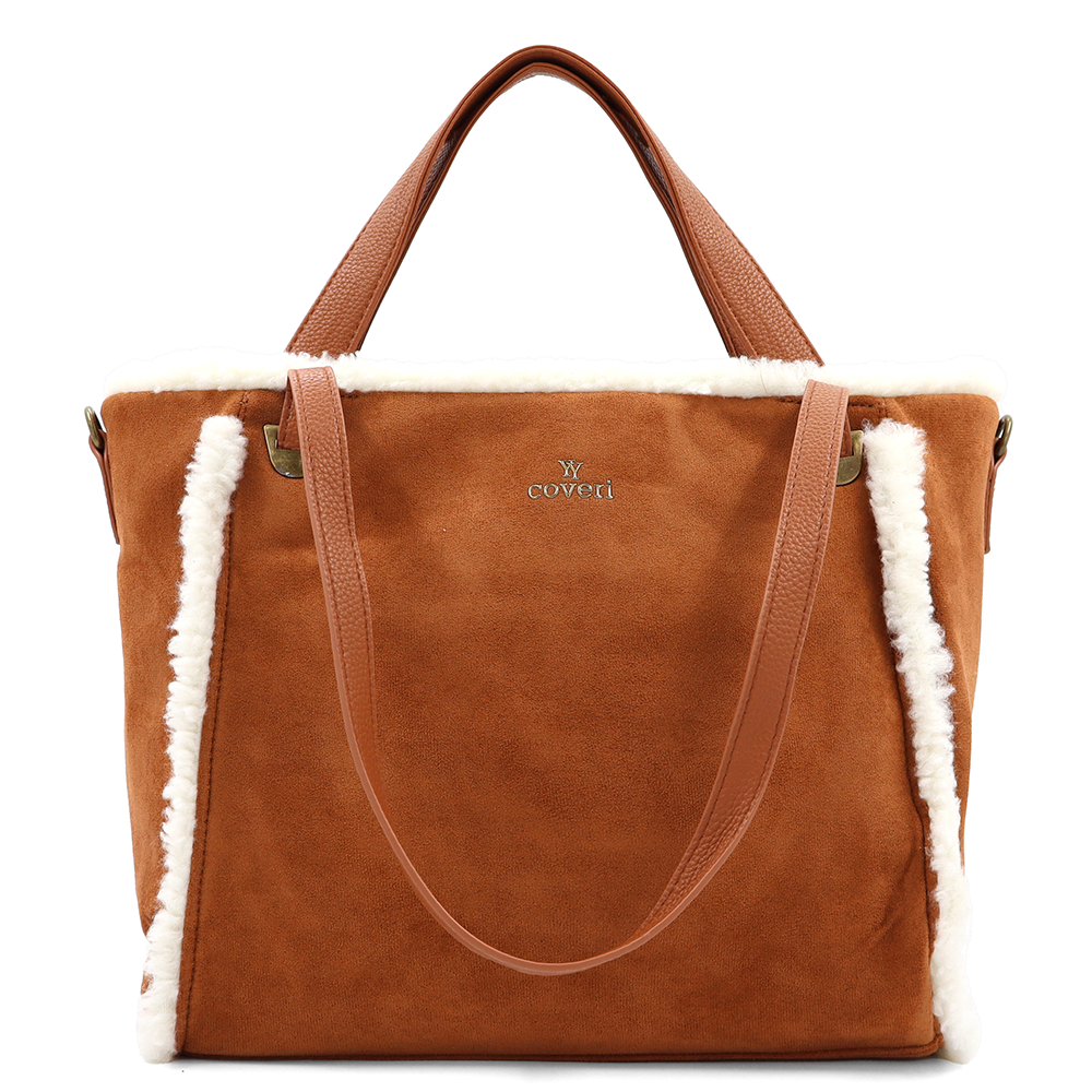 Női táska plüssel és kétféle pánttal – téglabarna