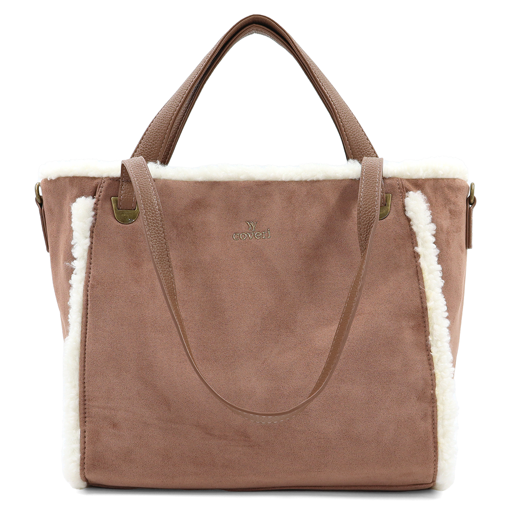 Női táska plüssel és kétféle pánttal – világosbarna