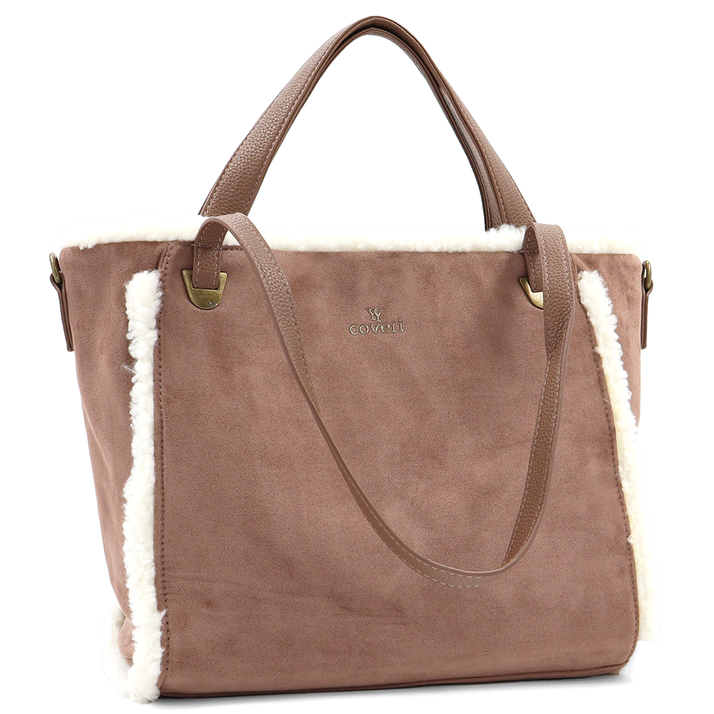 Női táska plüssel és kétféle pánttal – világosbarna