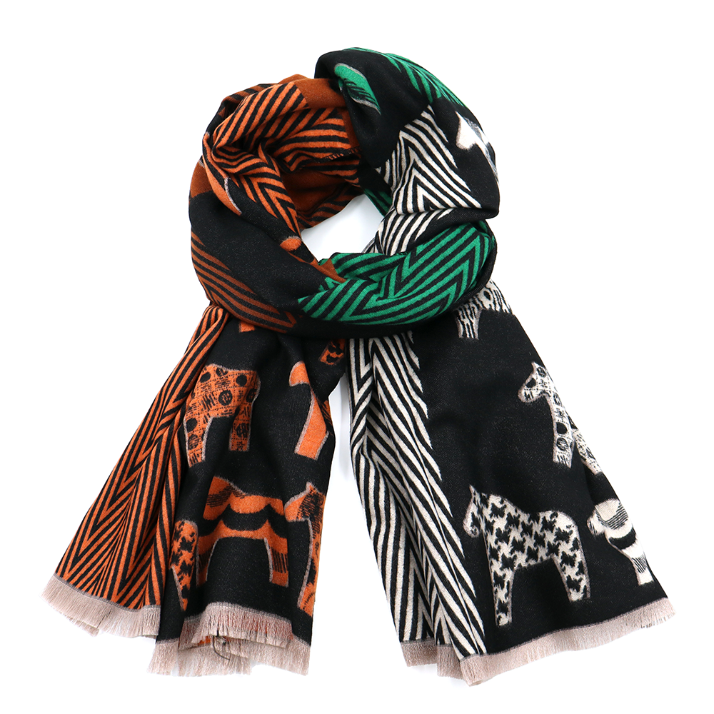 Kétoldalas sál ló mintával – zöld/téglabarna