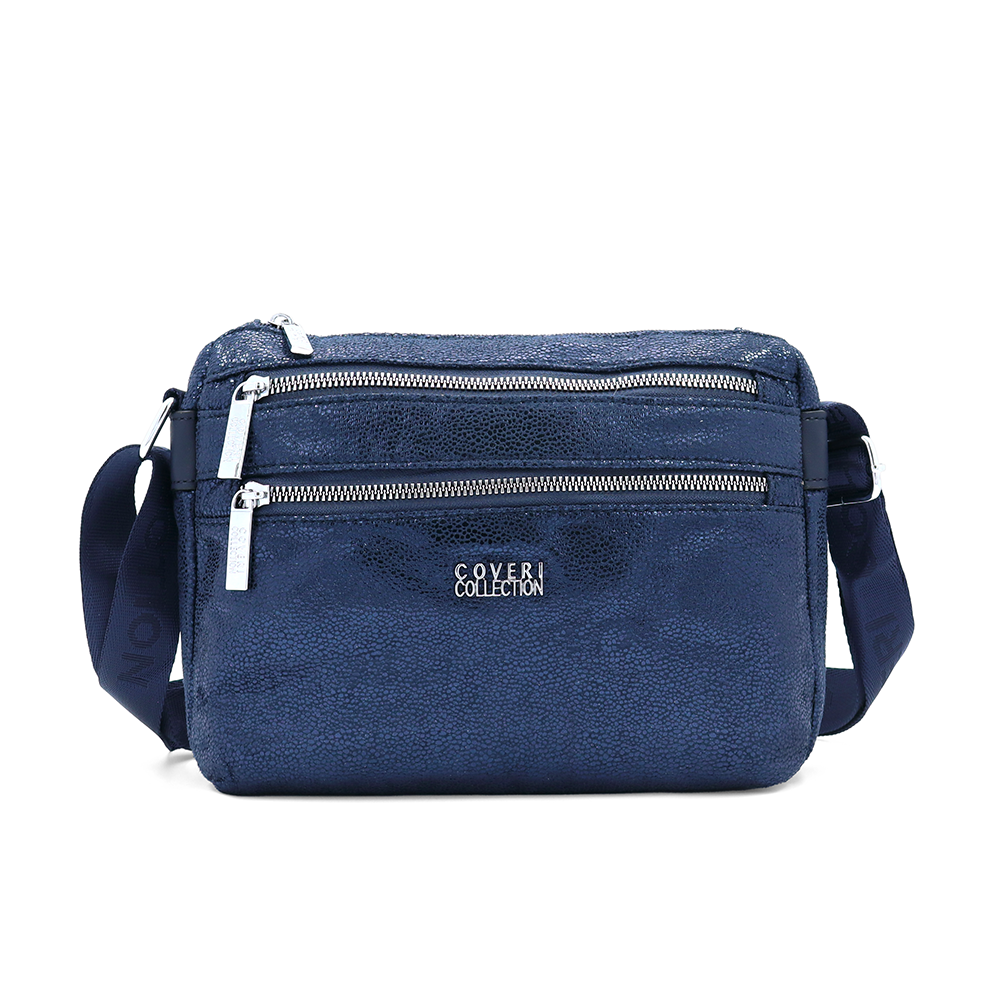 Vállra akasztható női táska metál hatással – sötétkék