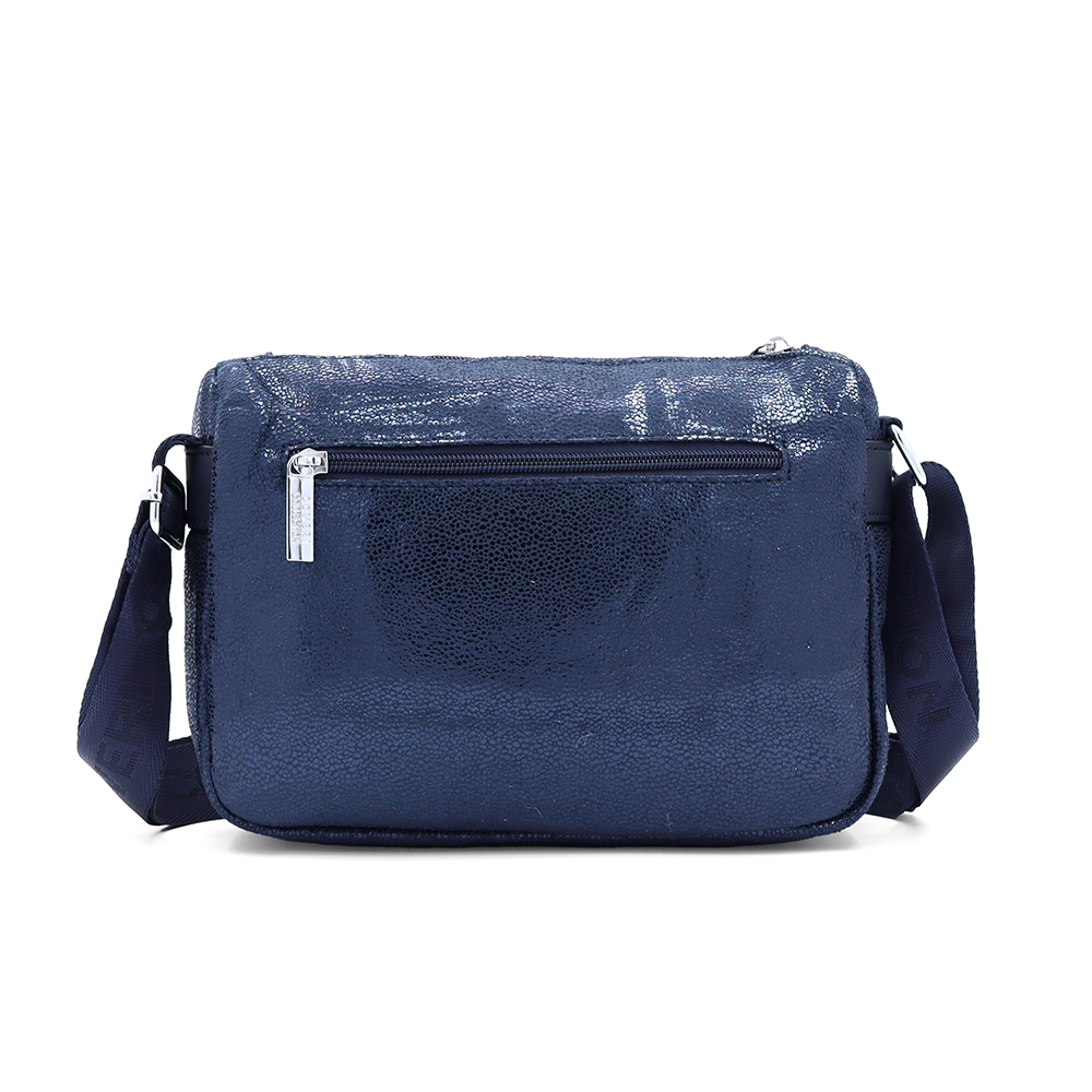 Vállra akasztható női táska metál hatással – sötétkék