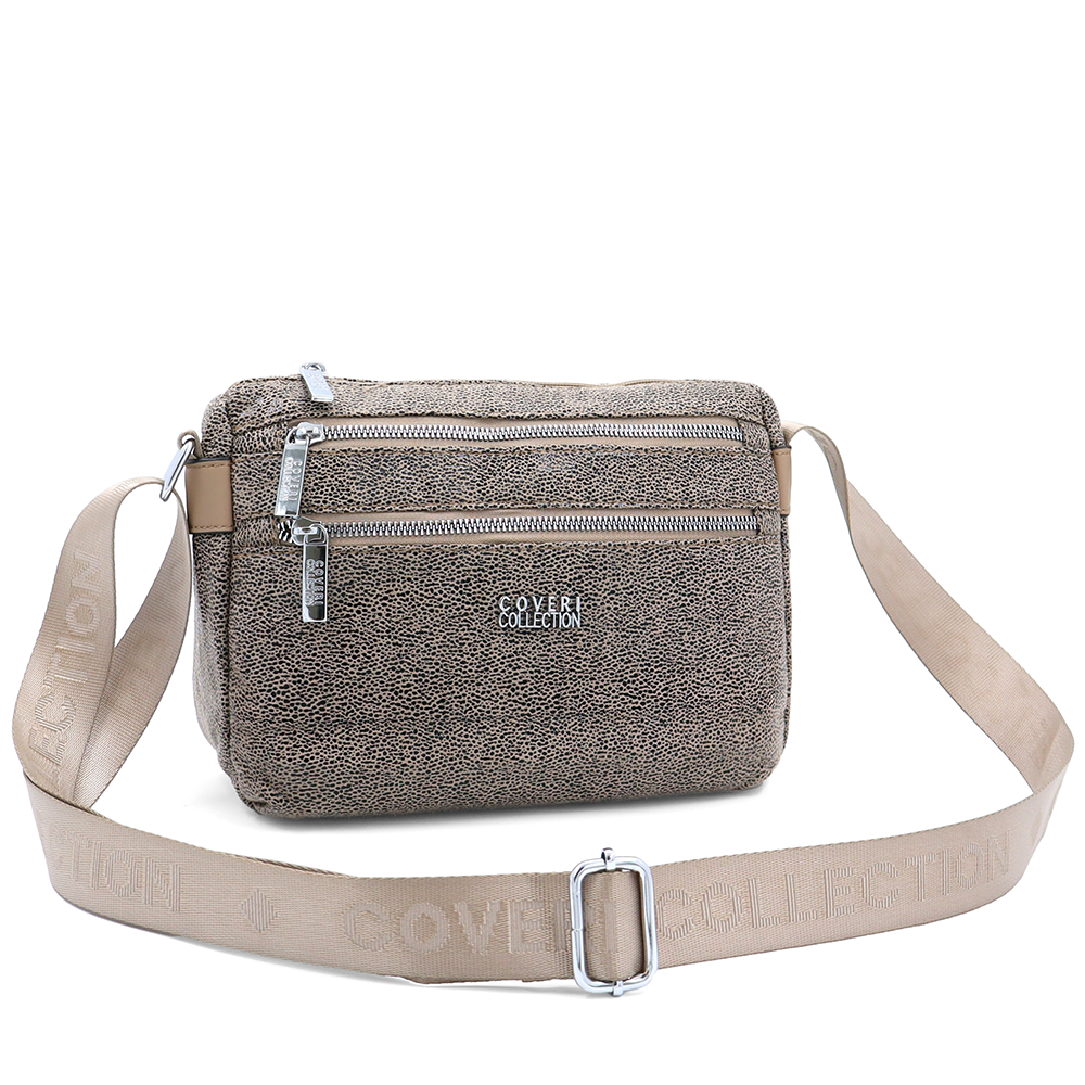 Vállra akasztható női táska metál hatással – barna