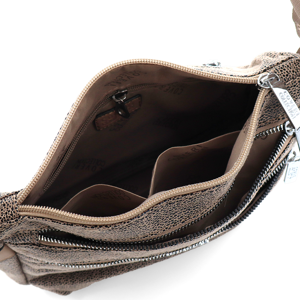 Vállra akasztható női táska metál hatással – barna