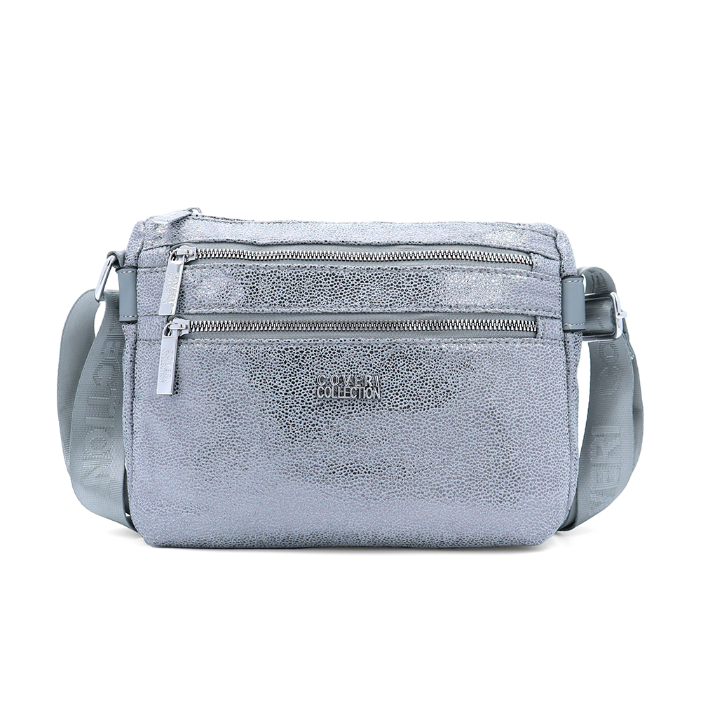 Vállra akasztható női táska metál hatással – szürke