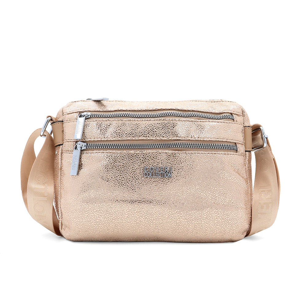 Vállra akasztható női táska metál hatással – világosbarna