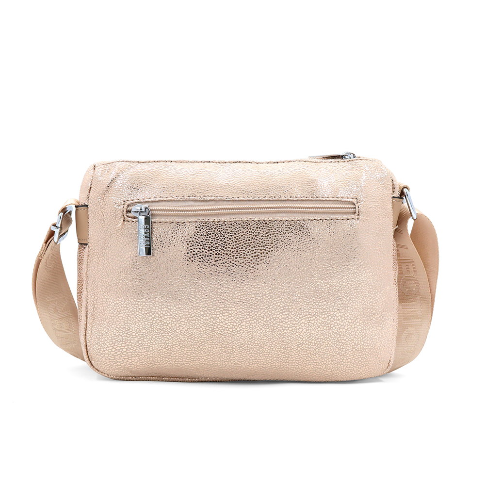 Vállra akasztható női táska metál hatással – világosbarna