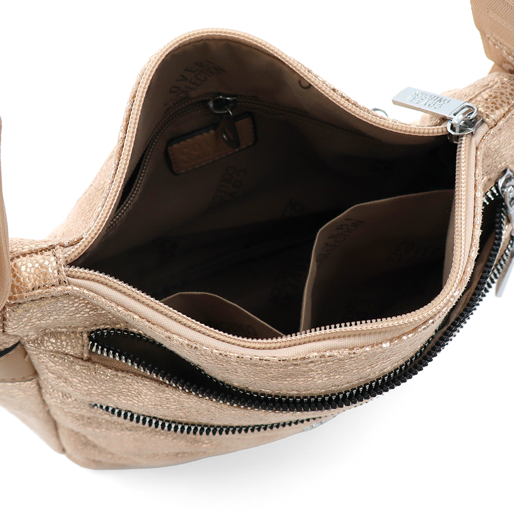 Vállra akasztható női táska metál hatással – világosbarna