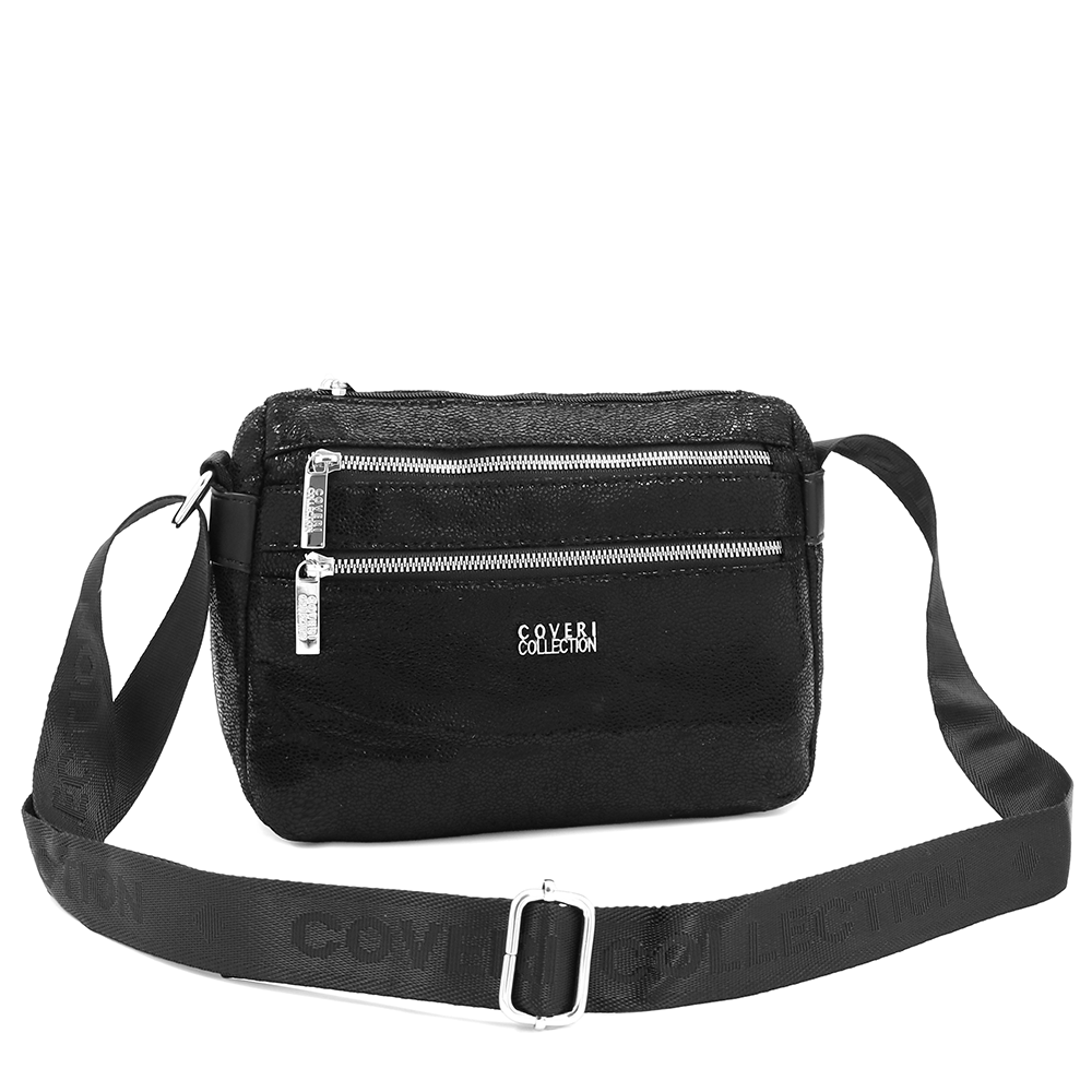 Vállra akasztható női táska metál hatással – fekete