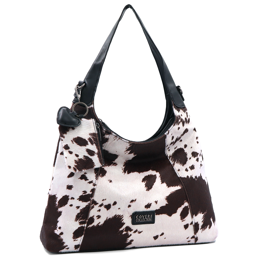 Női táska típusú táska tehénmintás dizájnnal és lógó pénztárcával – fekete