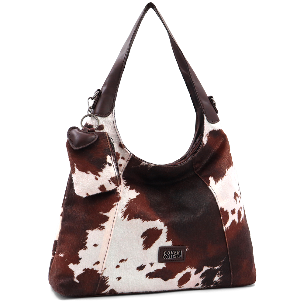 Női táska típusú táska tehénmintás dizájnnal és lógó pénztárcával – barna