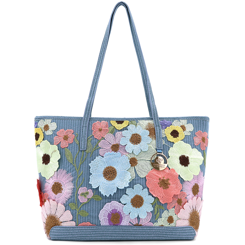 Nagy női táska típusú táska hímzett virágmintával – kék