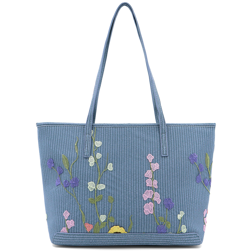 Nagy női táska típusú táska hímzett virágmintával – kék