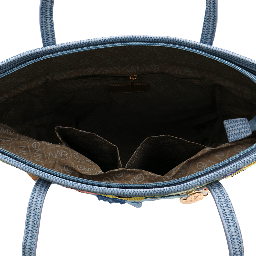 Nagy női táska típusú táska hímzett virágmintával – kék