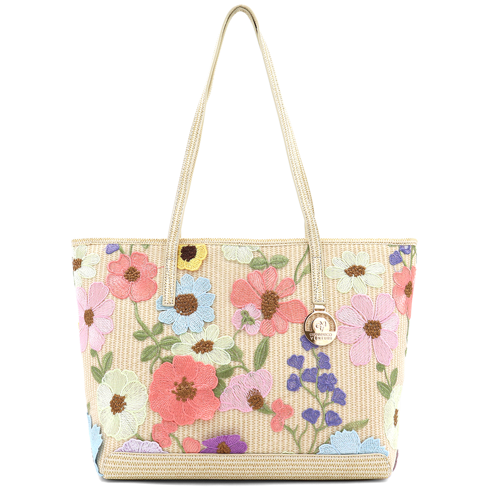 Nagy női táska típusú táska hímzett virágmintával – világosbarna