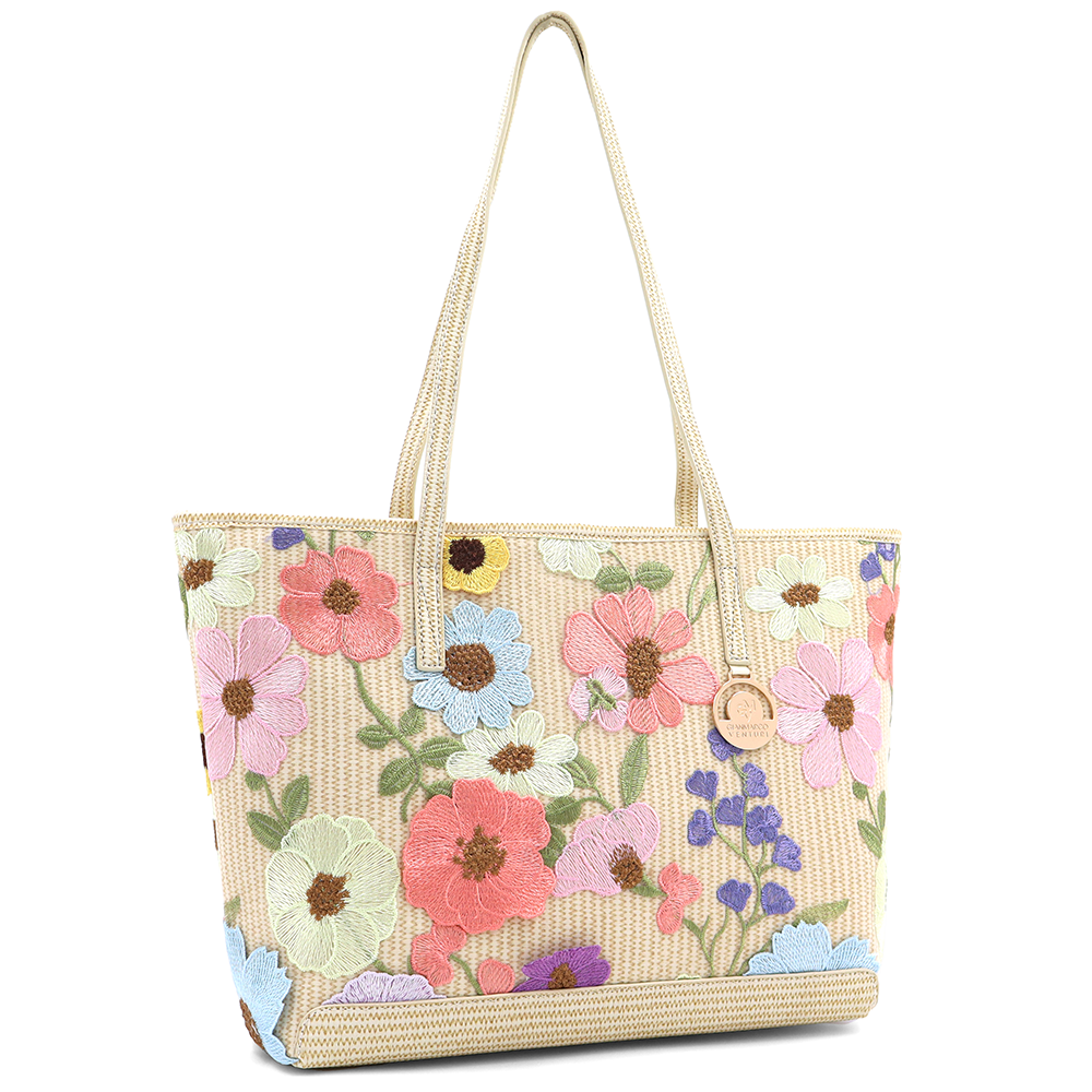 Nagy női táska típusú táska hímzett virágmintával – világosbarna