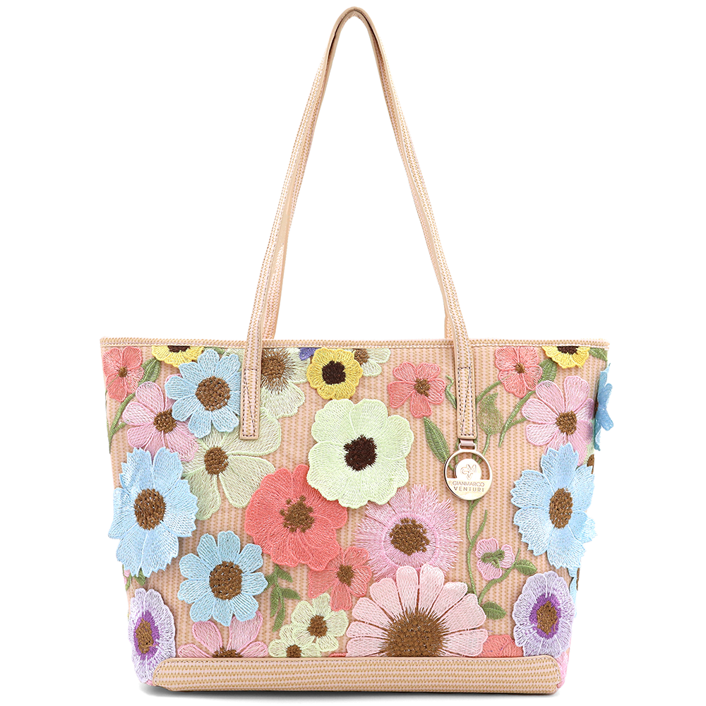 Nagy női táska típusú táska hímzett virágmintával – rózsaszín