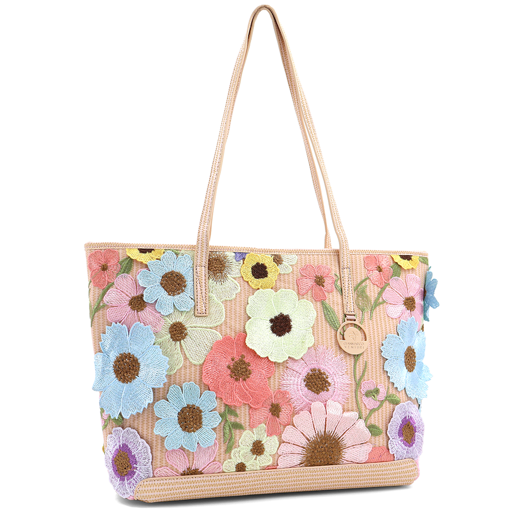 Nagy női táska típusú táska hímzett virágmintával – rózsaszín